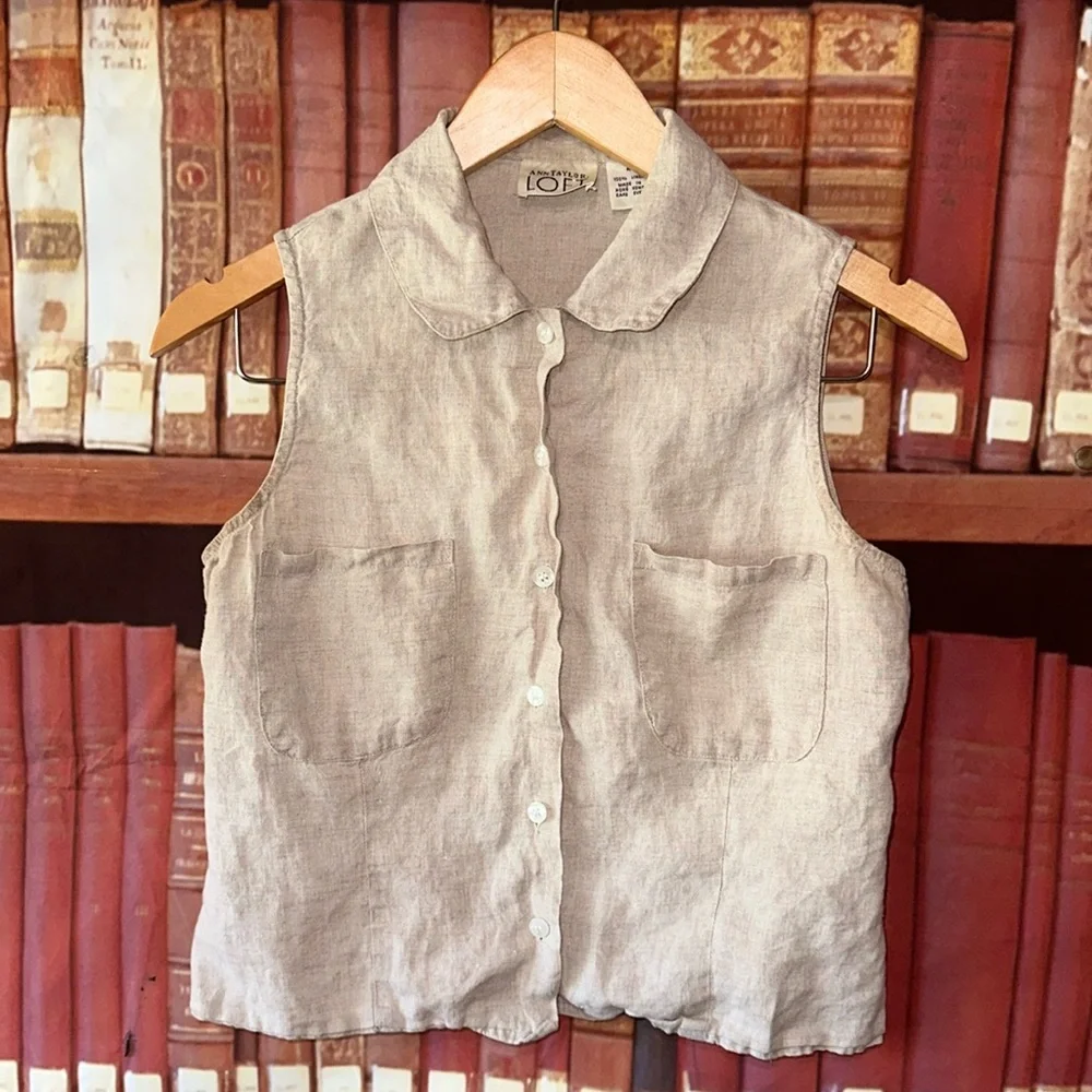 Adorable Vintage Ann Taylor Loft Sleeveless‎ linen button down top 4 - Picture 2 of 7